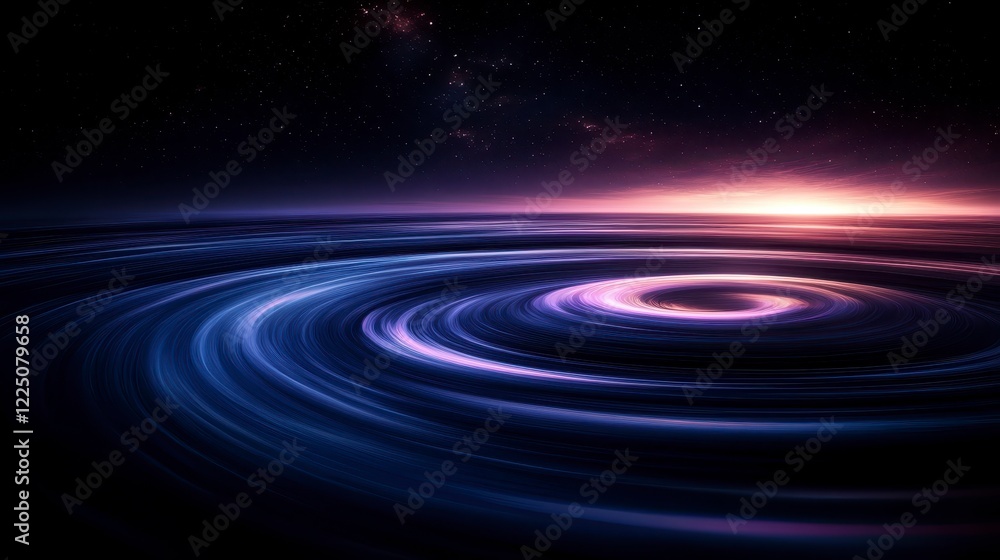 Obraz premium Abstract cosmic swirl with vibrant purple and blue hues against a dark starry sky, showcasing a sunrise or sunset effect. Digital art with a