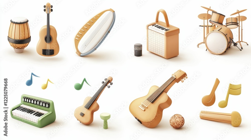 Obraz premium A cheerful arrangement of colorful musical instruments including guitars, drums, and percussion, accompanied by musical notes, conveying a lively musical theme.