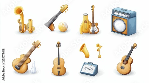 A vibrant collection of yellow musical instruments, including guitars, saxophones, and an amplifier, showcasing a playful and creative theme.