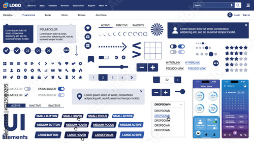 A modern UI kit featuring a collection of buttons, icons, navigation menus, and responsive design elements. Includes login forms, media players, search bars, and calendars, ideal for apps, websites