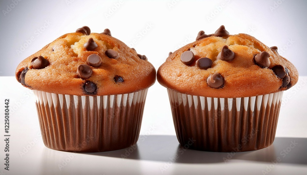 two delicious chocolate chip muffins fresh and inviting two delicious chocolate chip muffins fresh and inviting