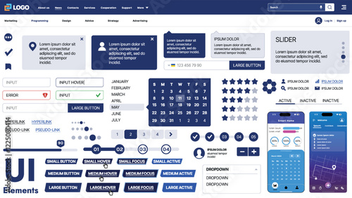 A modern UI kit featuring a collection of buttons, icons, navigation menus, and responsive design elements. Includes login forms, media players, search bars, and calendars, ideal for apps, websites