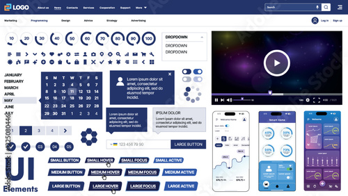 A modern UI kit featuring a collection of buttons, icons, navigation menus, and responsive design elements. Includes login forms, media players, search bars, and calendars, ideal for apps, websites