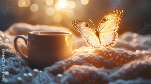 A graceful butterfly hovers by a mug.