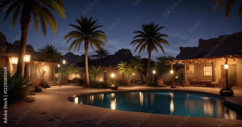 Obraz premium Desert oasis at night with palm trees and lanterns, al ula, peaceful atmosphere