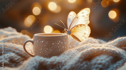 A butterfly glowing softly above a mug.