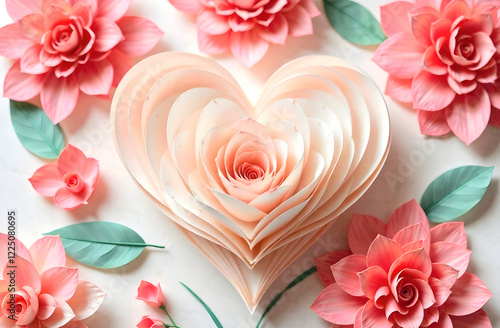 Exquisite handcrafted paper heart with delicate layered petals, surrounded by intricate floral decorations, perfect for romantic designs, weddings, and Valentine's Day themes. Selective focus