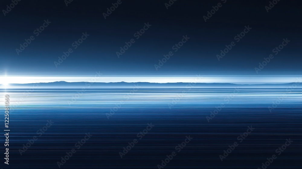 Abstract digital art depicting a dark blue and white horizon with horizontal lines and a bright light source. The image evokes a sense of mystery and Abstract digital art depicting a dark blue and white horizon with horizontal lines and a bright light source. The image evokes a sense of mystery and