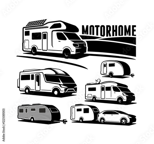 Motorhomes Recreational Vehicles Camper Vans Caravans Vector Icons Set