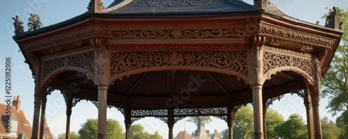 Detailed view of a traditional British bandstand with intricate carvings and gabled roof, bandstand, Dorset, carvings photo