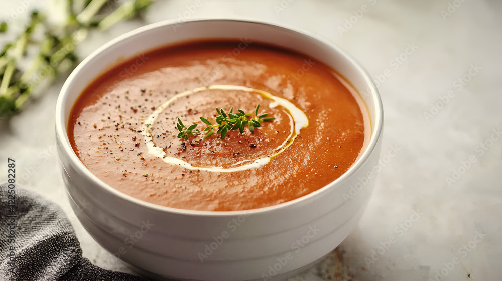 Creamy tomato soup, garnished with thyme and a swirl of cream. A comforting and flavorful bowl of warmth. Creamy tomato soup, garnished with thyme and a swirl of cream. A comforting and flavorful bowl of warmth.