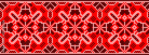 Vector illustration of Ukrainian ornament in ethnic style, identity, vyshyvanka, embroidery for print clothes, websites, banners. Background. Geometric design, border, copy space, frame