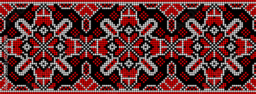 Vector illustration of Ukrainian ornament in ethnic style, identity, vyshyvanka, embroidery for print clothes, websites, banners. Background. Geometric design, border, copy space, frame