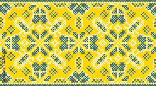 Vector illustration of Ukrainian ornament in ethnic style, identity, vyshyvanka, embroidery for print clothes, websites, banners. Background. Geometric design, border, copy space, frame