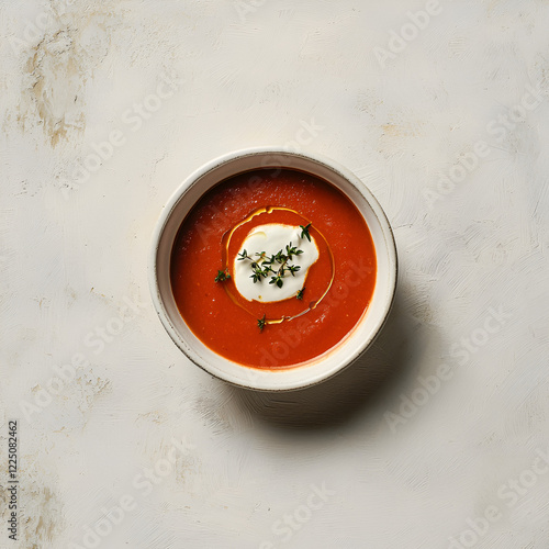 A bowl of vibrant red soup, garnished with a dollop of cream and fresh herbs.