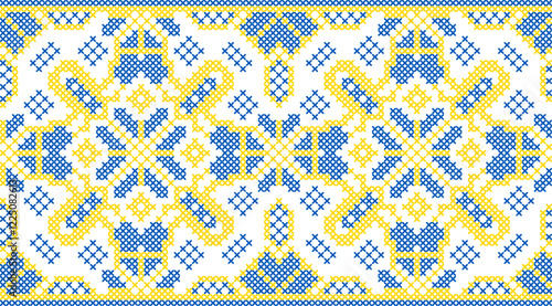 Vector illustration of Ukrainian ornament in ethnic style, identity, vyshyvanka, embroidery for print clothes, websites, banners. Background. Geometric design, border, copy space, frame