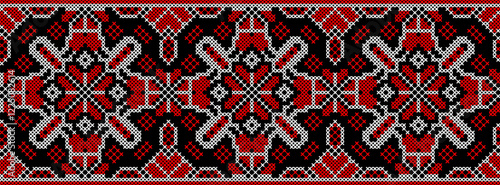 Vector illustration of Ukrainian ornament in ethnic style, identity, vyshyvanka, embroidery for print clothes, websites, banners. Background. Geometric design, border, copy space, frame