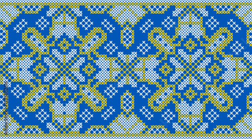 Vector illustration of Ukrainian ornament in ethnic style, identity, vyshyvanka, embroidery for print clothes, websites, banners. Background. Geometric design, border, copy space, frame