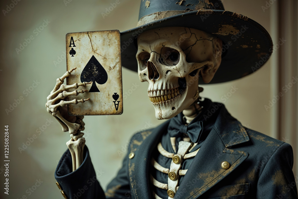 portrait of a corroded skeleton dressed in a worn black tailcoat showing an old ace of spades card portrait of a corroded skeleton dressed in a worn black tailcoat showing an old ace of spades card