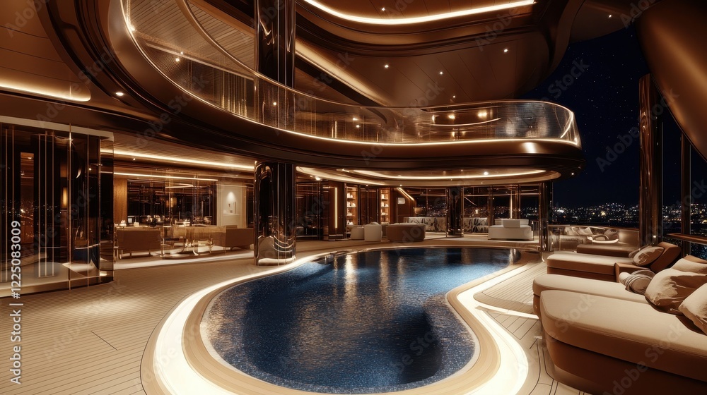 Luxury yacht's indoor pool at night, with elegant lounge areas. Showcase opulence and high-end lifestyle, ideal for travel, luxury, and wealth. Luxury yacht's indoor pool at night, with elegant lounge areas. Showcase opulence and high-end lifestyle, ideal for travel, luxury, and wealth.