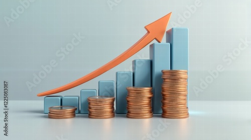 Visualization of financial success showing ascending stacks of metallic coins, a blue bar chart illustrating growth, and an orange arrow directed upward, conveying stability, profit, and economic prog photo