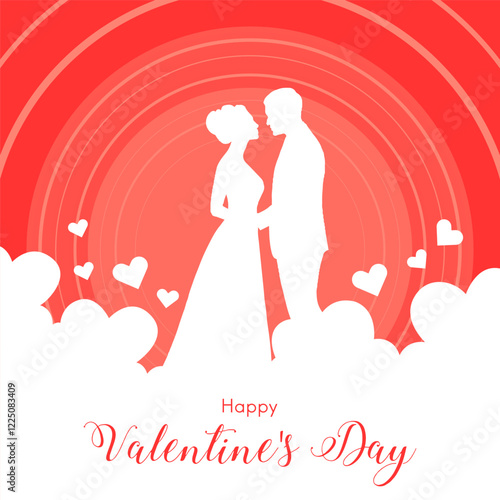 
A couple holding hands surrounded by floating hearts, with Happy Valentine's Day below Red concentric circles and soft clouds create a dreamy romantic atmosphere
