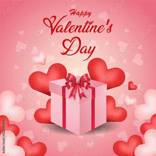 The image features a pink gift box with a red ribbon red and white hearts scattered around, and Happy Valentine's Day in a festive font The romantic color scheme enhances the theme