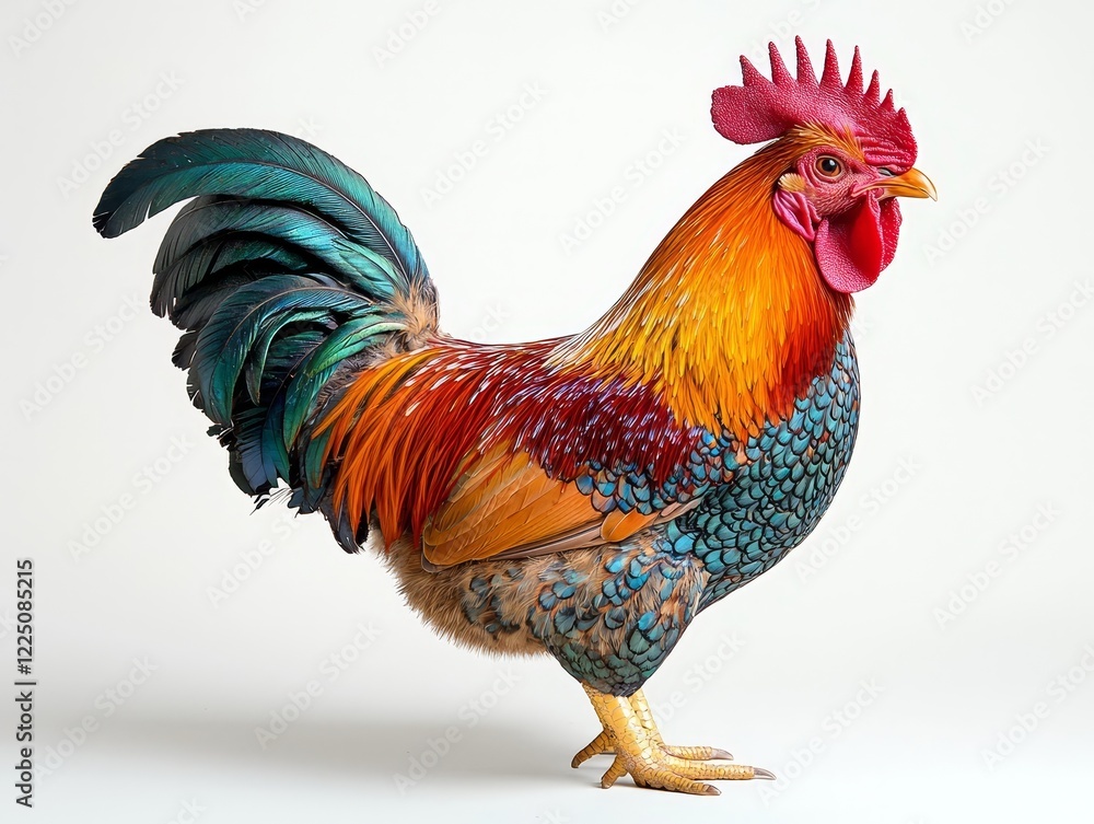 Fototapeta premium Proud and Vibrant Overweight Rooster Confidently Stands on Clean White Backdrop