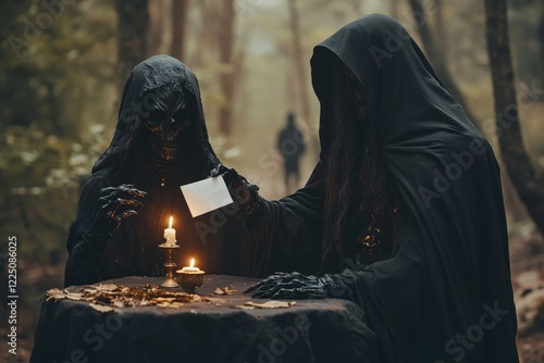 A gothic-inspired scene of a mysterious applicant handing their sealed letter to a hooded figure at a candlelit desk, with shadowy figures lurking in the background photo