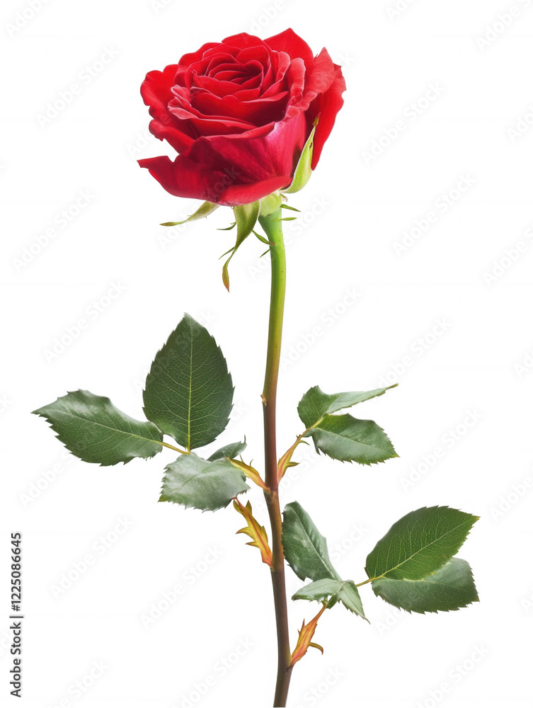 Beautiful red rose with lush green leaves on a long stem isolated on a transparent background, perfect for digital design and decoration Beautiful red rose with lush green leaves on a long stem isolated on a transparent background, perfect for digital design and decoration