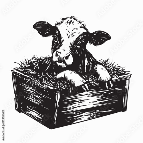 Newborn Calf Nestled in a Cozy Wooden Crate Surrounded by Soft Straw in Vector Design