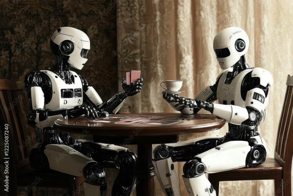 Fototapeta premium Two robots sit across a table playing poker. Another robot serves them tea