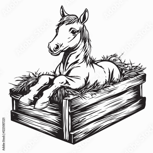 A Newborn Foal Resting Inside a Wooden Crate Filled with Soft Hay in a Vector Illustration.