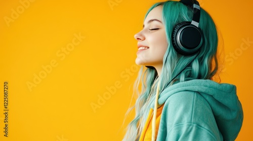 Serene Girl Listening to Music with Teal Hair and Headphones Against Yellow Background