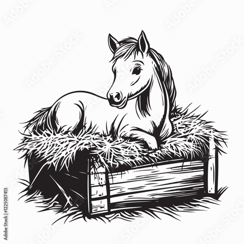 Newborn Foal Curled Up in a Cozy Wooden Crate with Straw in a Vector Drawing