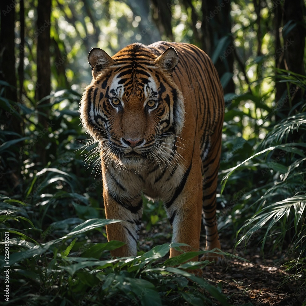 Obraz premium Bengal Tiger in Jungle Shadows. Tiger in the wild. 