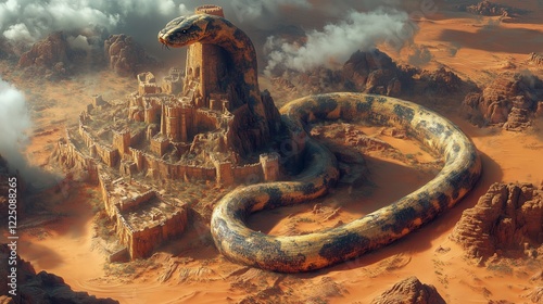 A massive snake curled around a desert castle, protecting it from the heat and sandstorms, towering over the arid landscape. photo