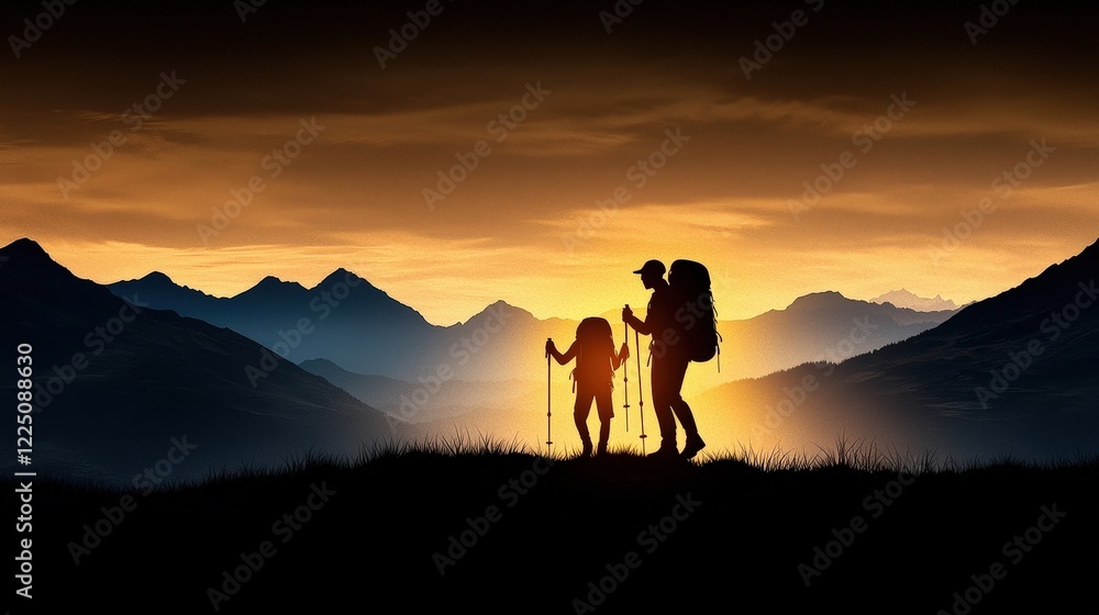 Silhouette of Two Hikers at Sunset Against a Mountain Landscape in a Scenic Adventure Setting Silhouette of Two Hikers at Sunset Against a Mountain Landscape in a Scenic Adventure Setting