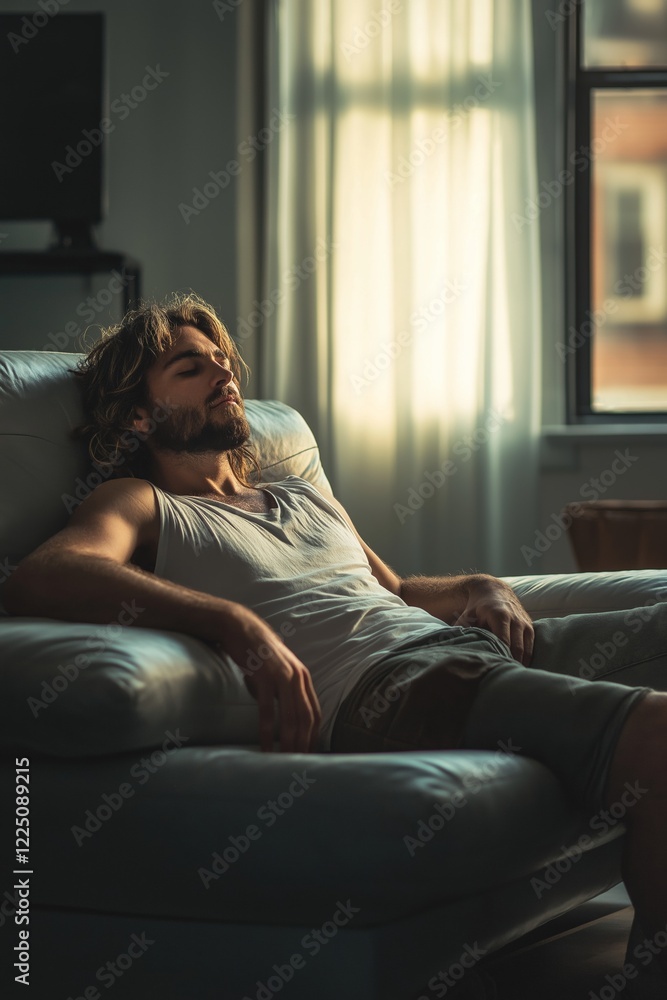 Fototapeta premium A serene portrait of a man basking in soft sunlight at home.