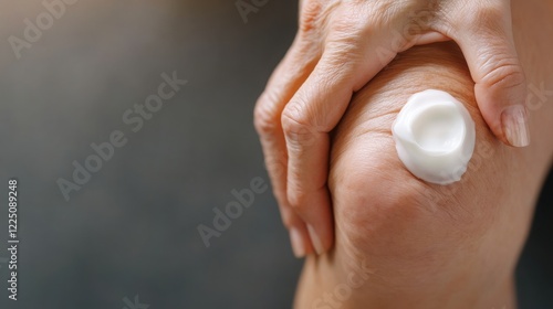 A close-up of a hand applying soothing cream to a knee, highlighting self-care and wellness practices. photo