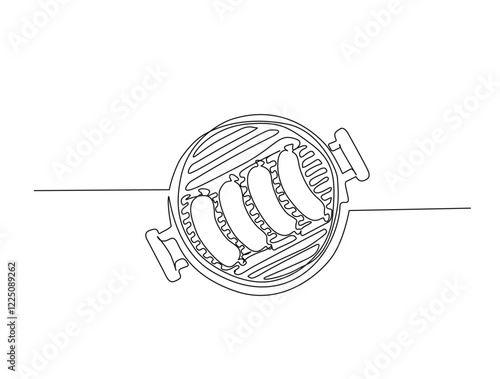 Continuous one line drawing of barbecue grill with sausages. Barbecue grill in single line draw illustration. Editable stroke.