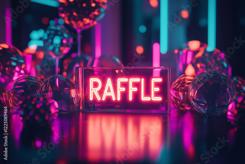 Glowing raffle sign surrounded by decorative elements in a vibrant indoor setting at night photo