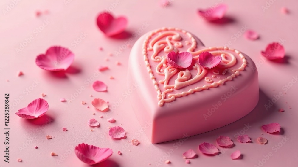 A Delicate Pink Heart-Shaped Confection Adorned with Intricate Details and Scattered Petals on a Soft Pink Background A Delicate Pink Heart-Shaped Confection Adorned with Intricate Details and Scattered Petals on a Soft Pink Background
