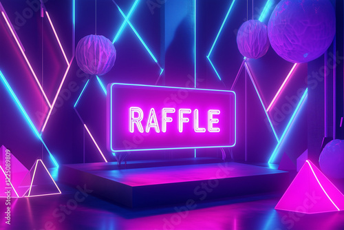 Glowing raffle sign with vibrant neon lights and geometric shapes in an engaging event space