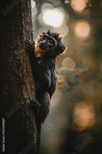 A young monkey holding onto a tree trunk in a forest with soft, glowing light, symbolizing curiosity, innocence, and the harmony of wildlife in its natural habitat. photo