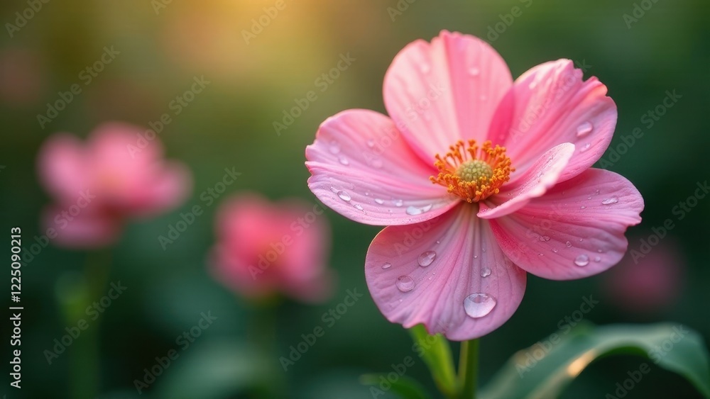 A Delicate Pink Flower Blossom with Dew Drops Glistening in the Soft Morning Light A Delicate Pink Flower Blossom with Dew Drops Glistening in the Soft Morning Light