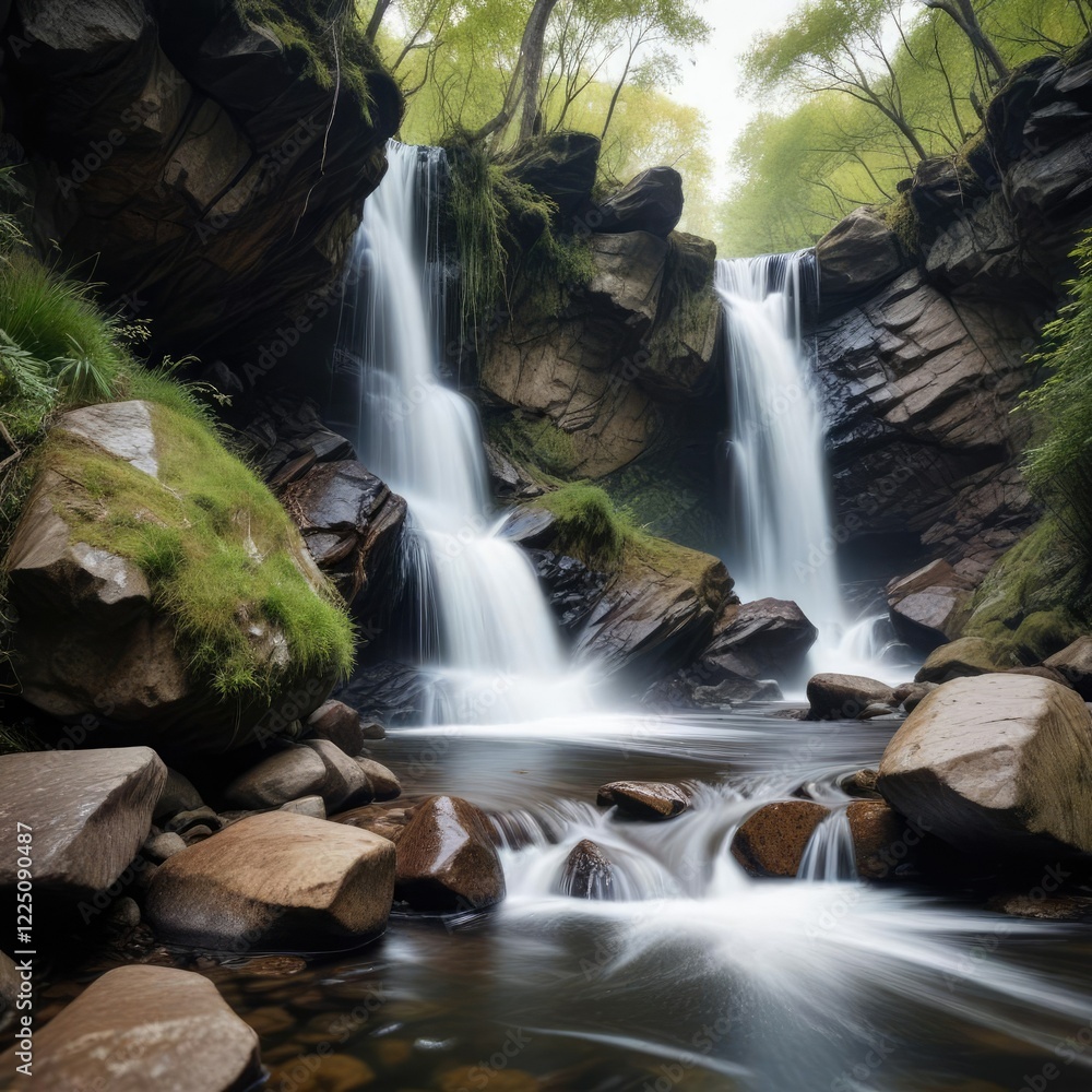 Obraz premium Dynamic long exposure shot of waterfall rushing over rugged stones in the woodland, Beauty in Nature, Motion Blur