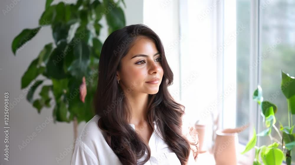 Woman reflecting by the window surrounded by houseplants in a bright indoor setting Woman reflecting by the window surrounded by houseplants in a bright indoor setting