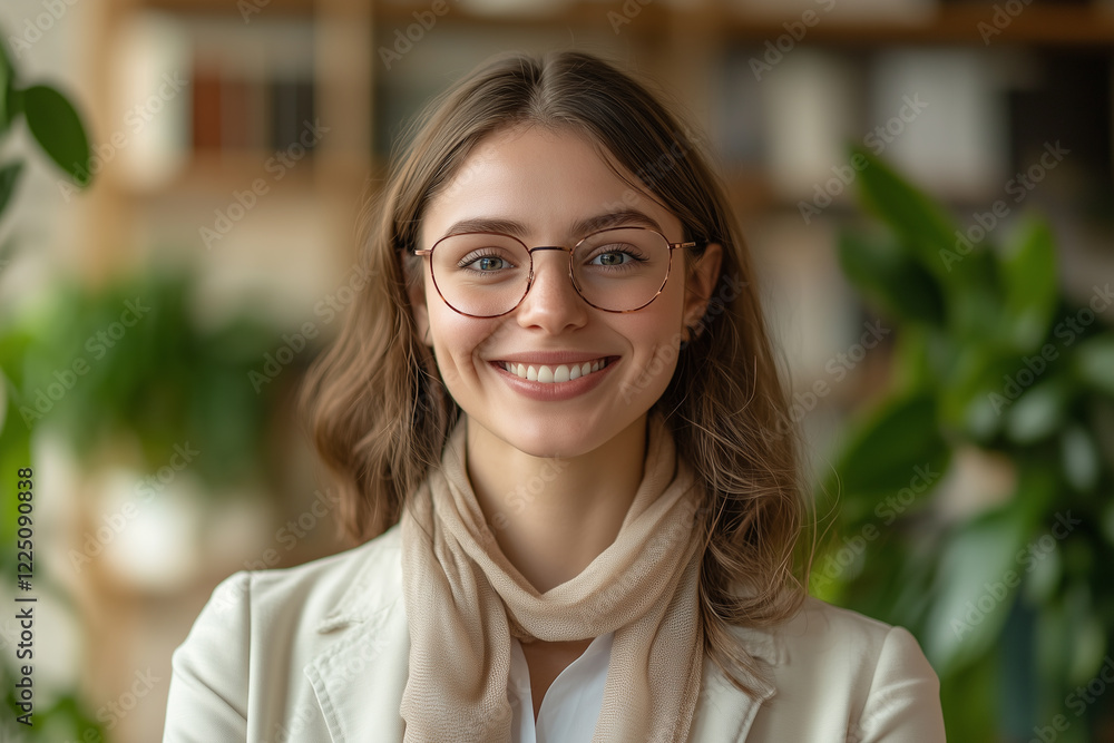Confident job candidate smiling warmly in a modern office environment during a professional interview setting