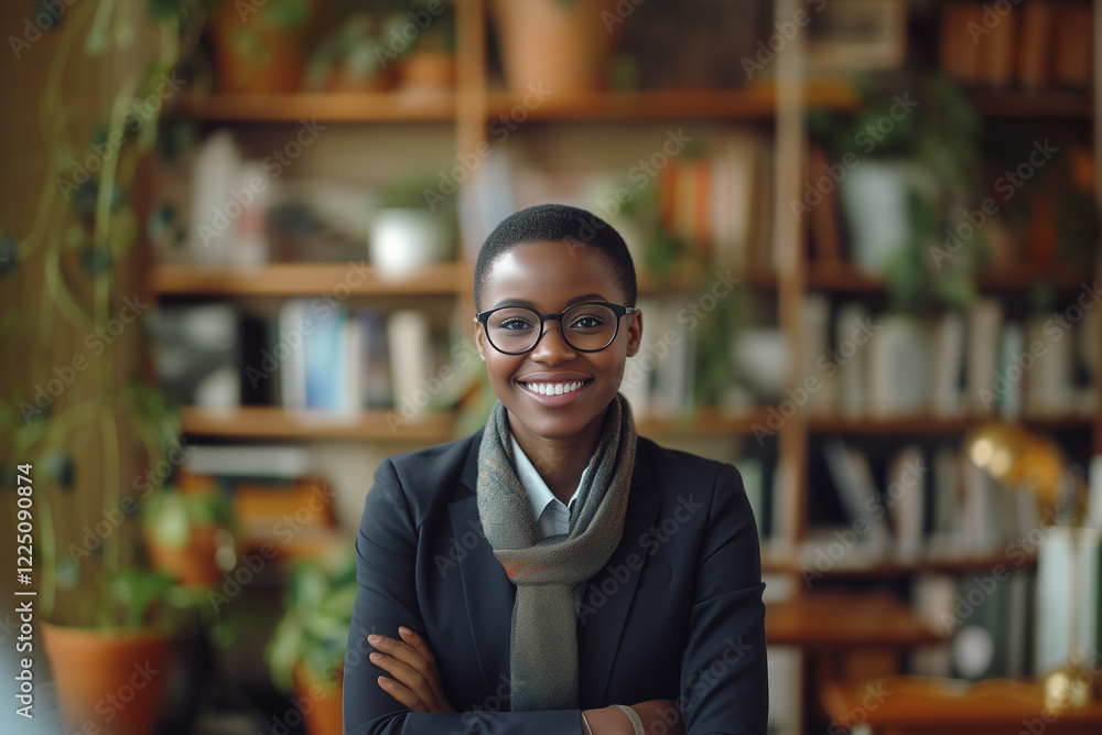 Fototapeta premium Confident job candidate smiling during interview at modern office with plants and bookshelves in background